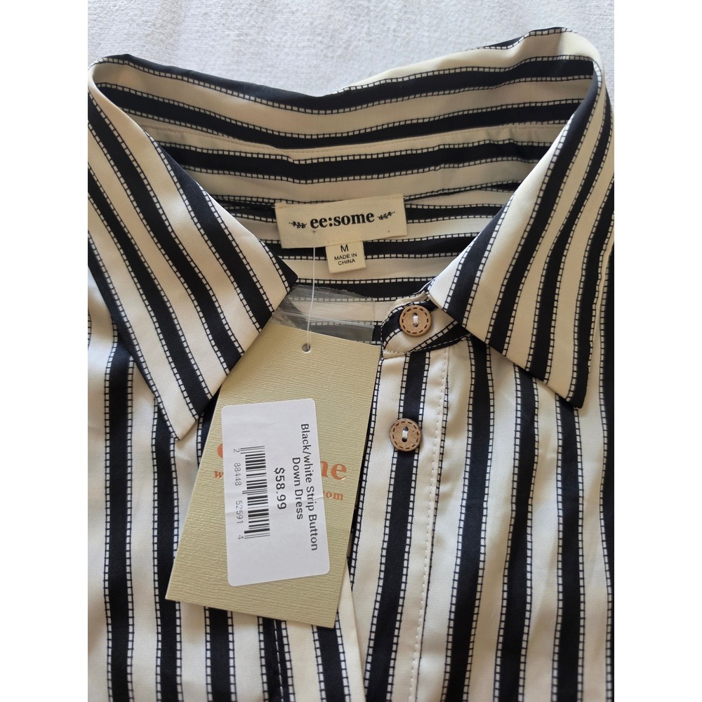 ee:some Black White Striped Button Down Shirt Dress Long Sleeve High Low Medium - Picture 2 of 6
